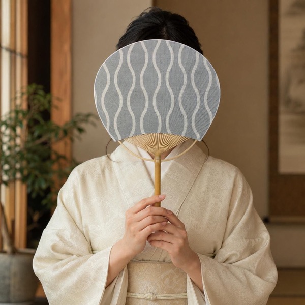 Japanese Uchiwa Hand Fan, Linen Tatewaku Wave Motif, Bamboo Frame, Made in Japan