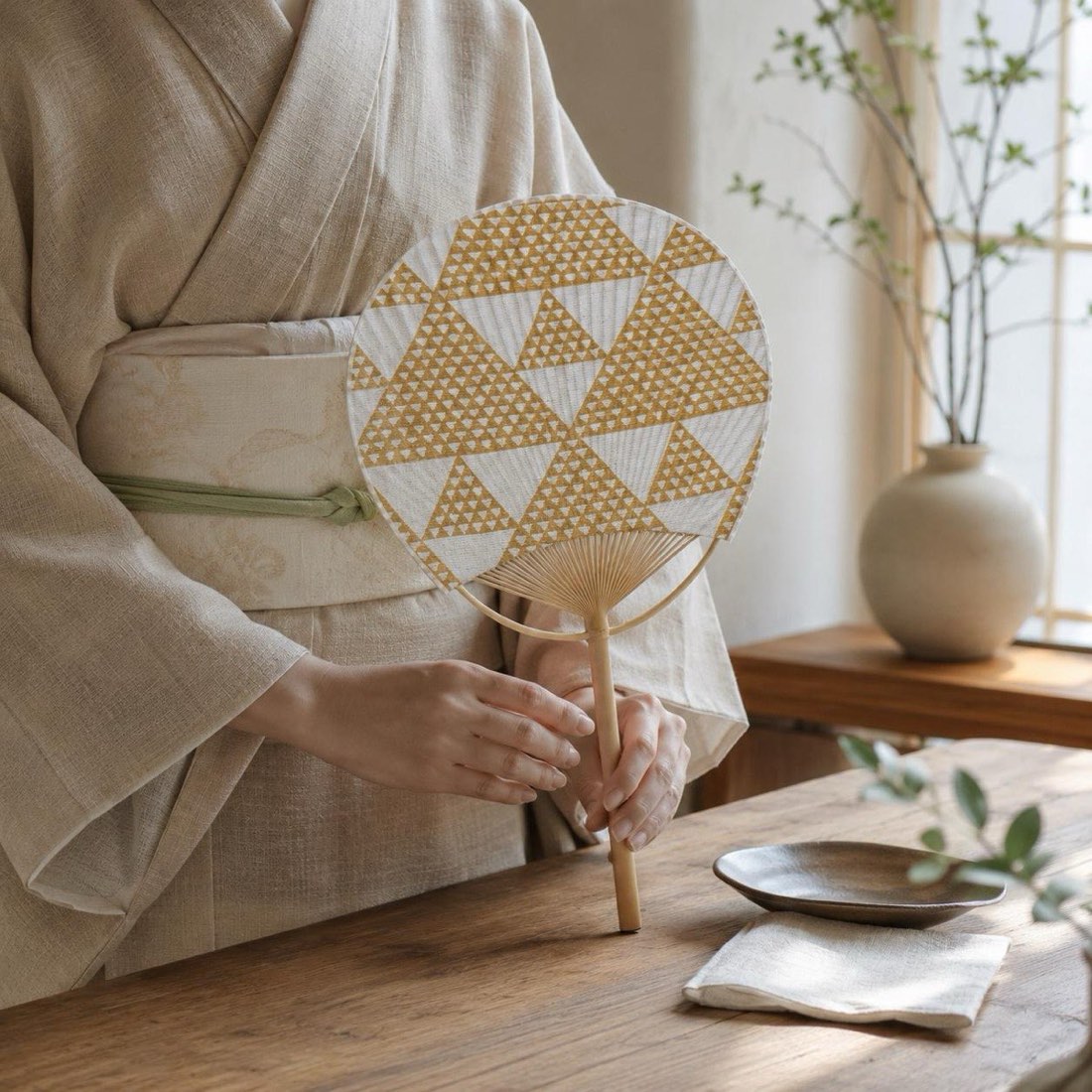 Japanese Uchiwa Hand Fan, Linen Uroko Scale Motif, Bamboo Frame, Made in Japan — view 10