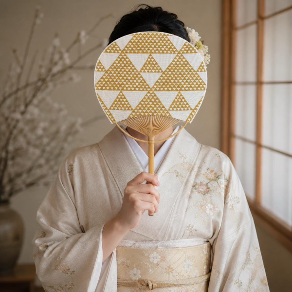 Japanese Uchiwa Hand Fan, Linen Uroko Scale Motif, Bamboo Frame, Made in Japan