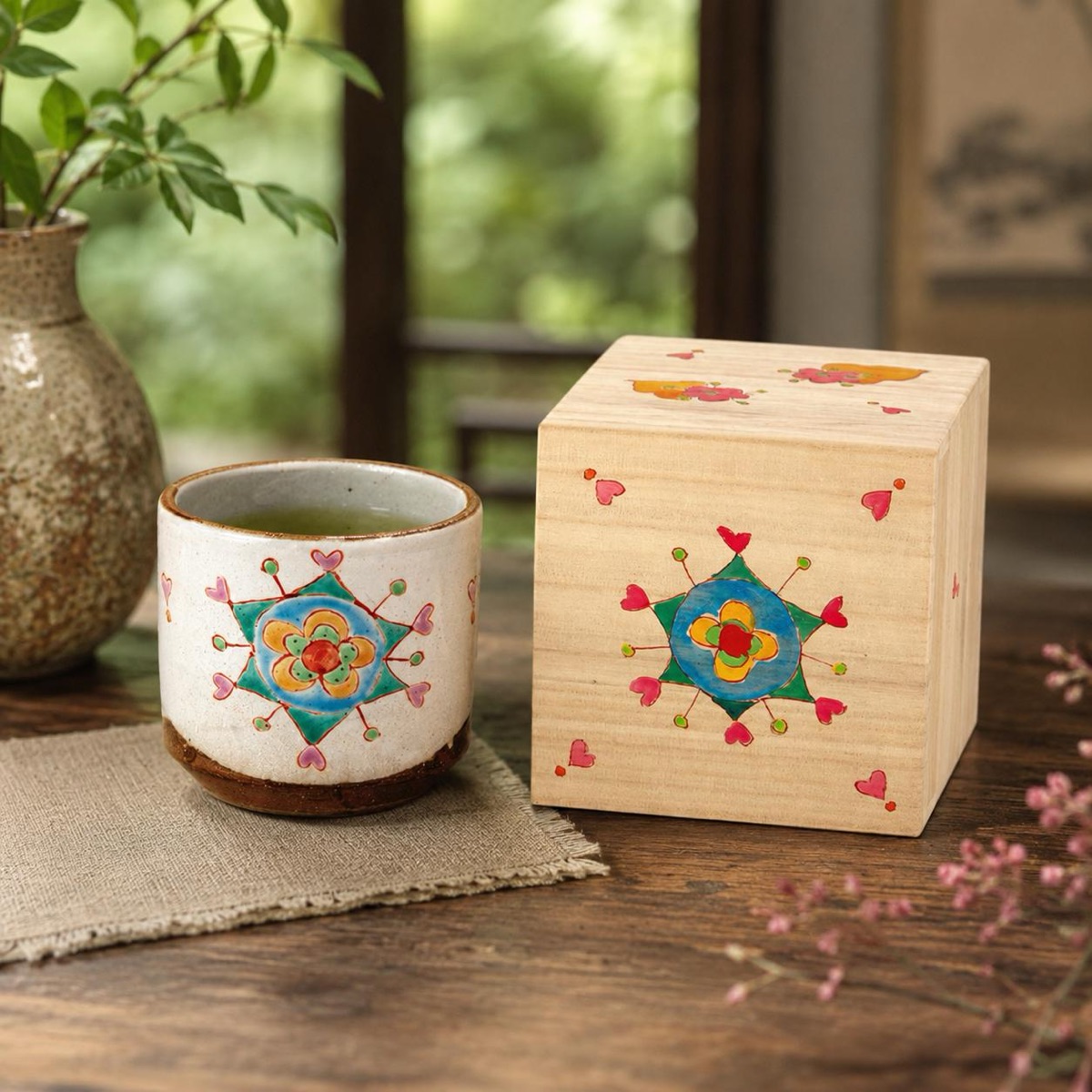 Japanese Tea Cup, Kutani Yunomi Floral Botanical by Ginshu Kiln — No Handle, Gift-Boxed (325ml) — view 10