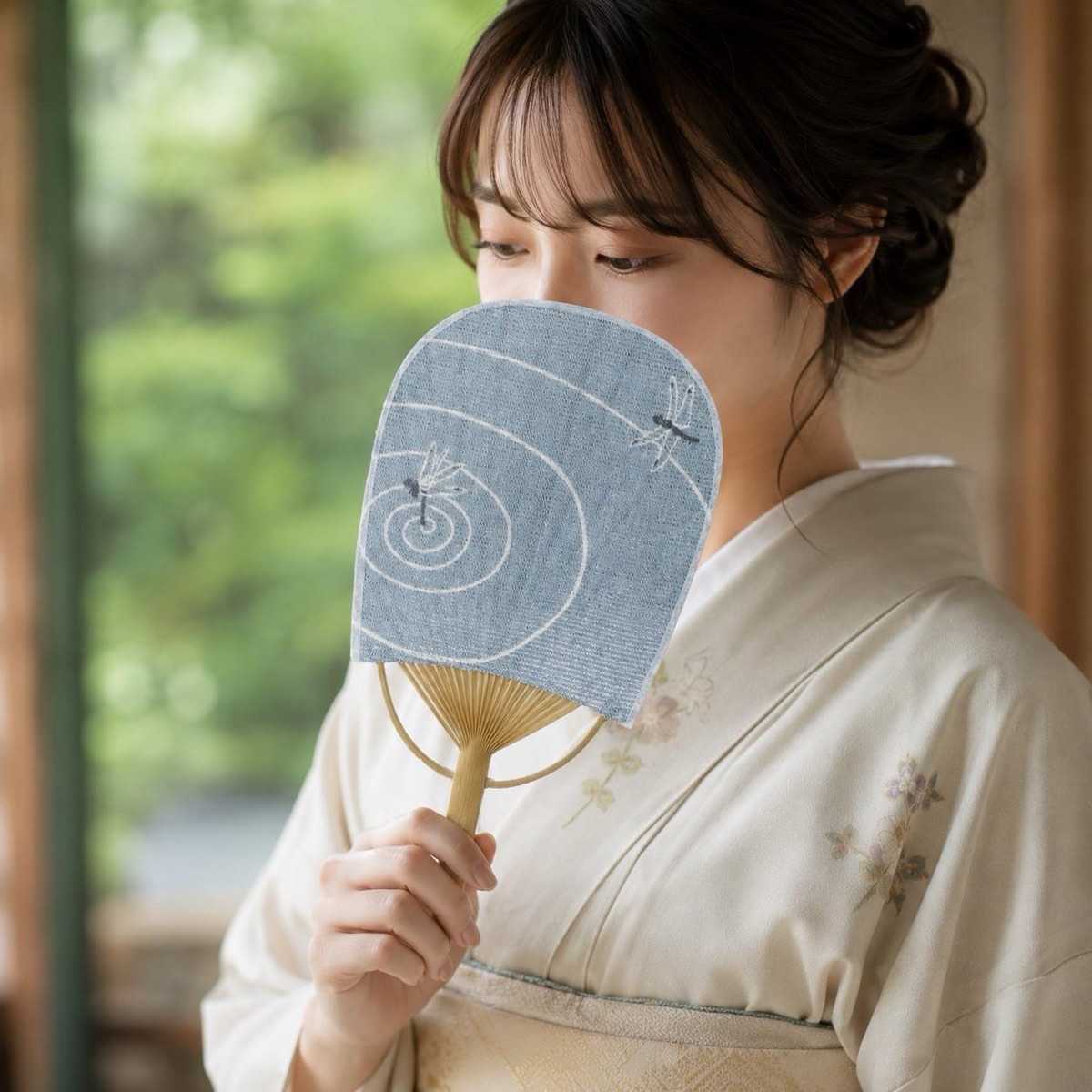 Mini Japanese Uchiwa Fan, Linen Dragonfly Motif, Bamboo Frame, Made in Japan