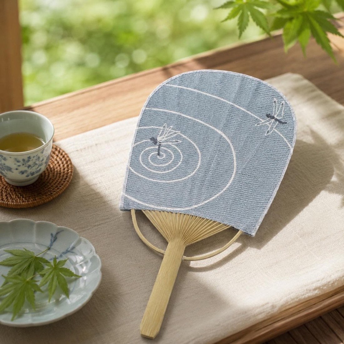 Mini Japanese Uchiwa Fan, Linen Dragonfly Motif, Bamboo Frame, Made in Japan — view 10