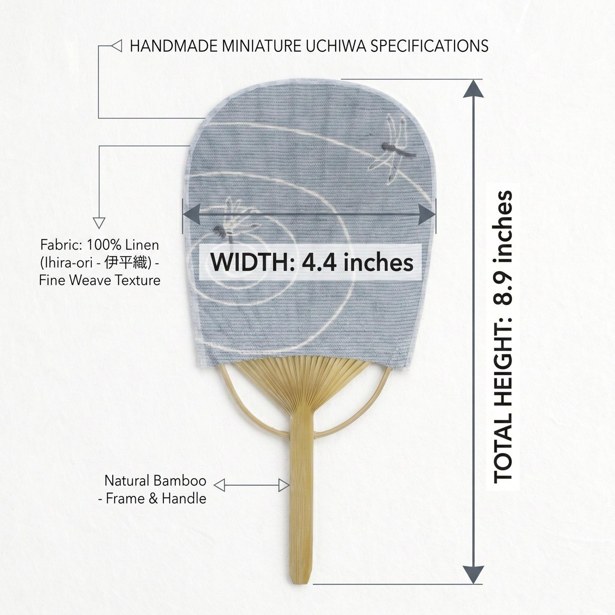 Mini Japanese Uchiwa Fan, Linen Dragonfly Motif, Bamboo Frame, Made in Japan — view 3