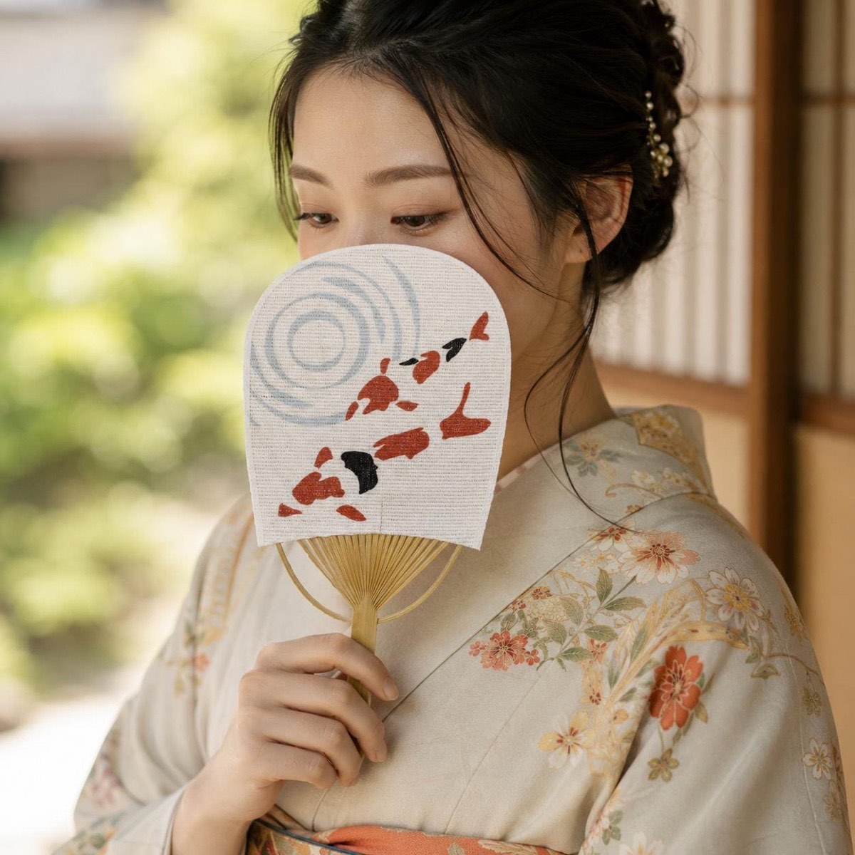 Mini Japanese Uchiwa Fan, Linen Koi Motif, Bamboo Frame, Made in Japan