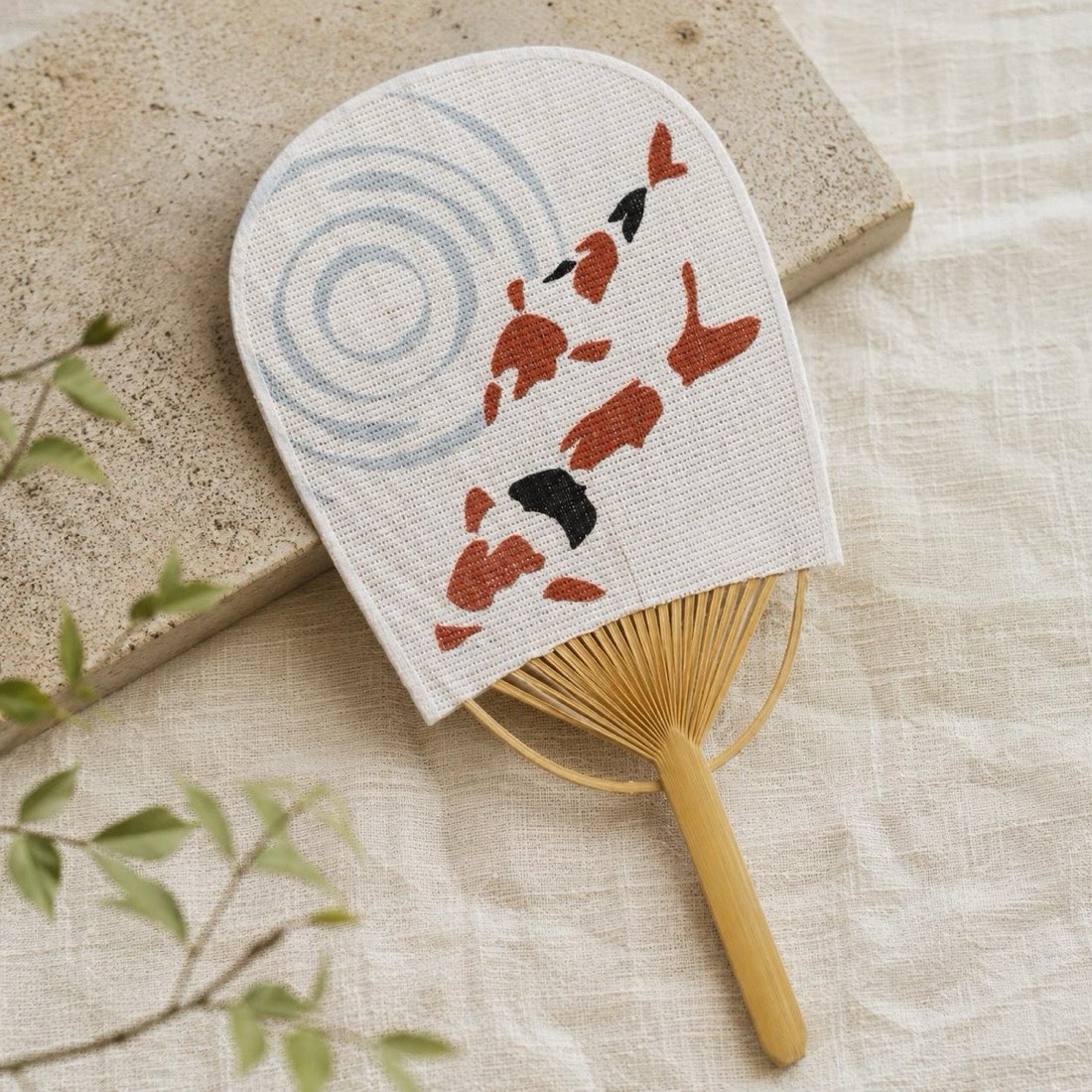 Mini Japanese Uchiwa Fan, Linen Koi Motif, Bamboo Frame, Made in Japan — view 10