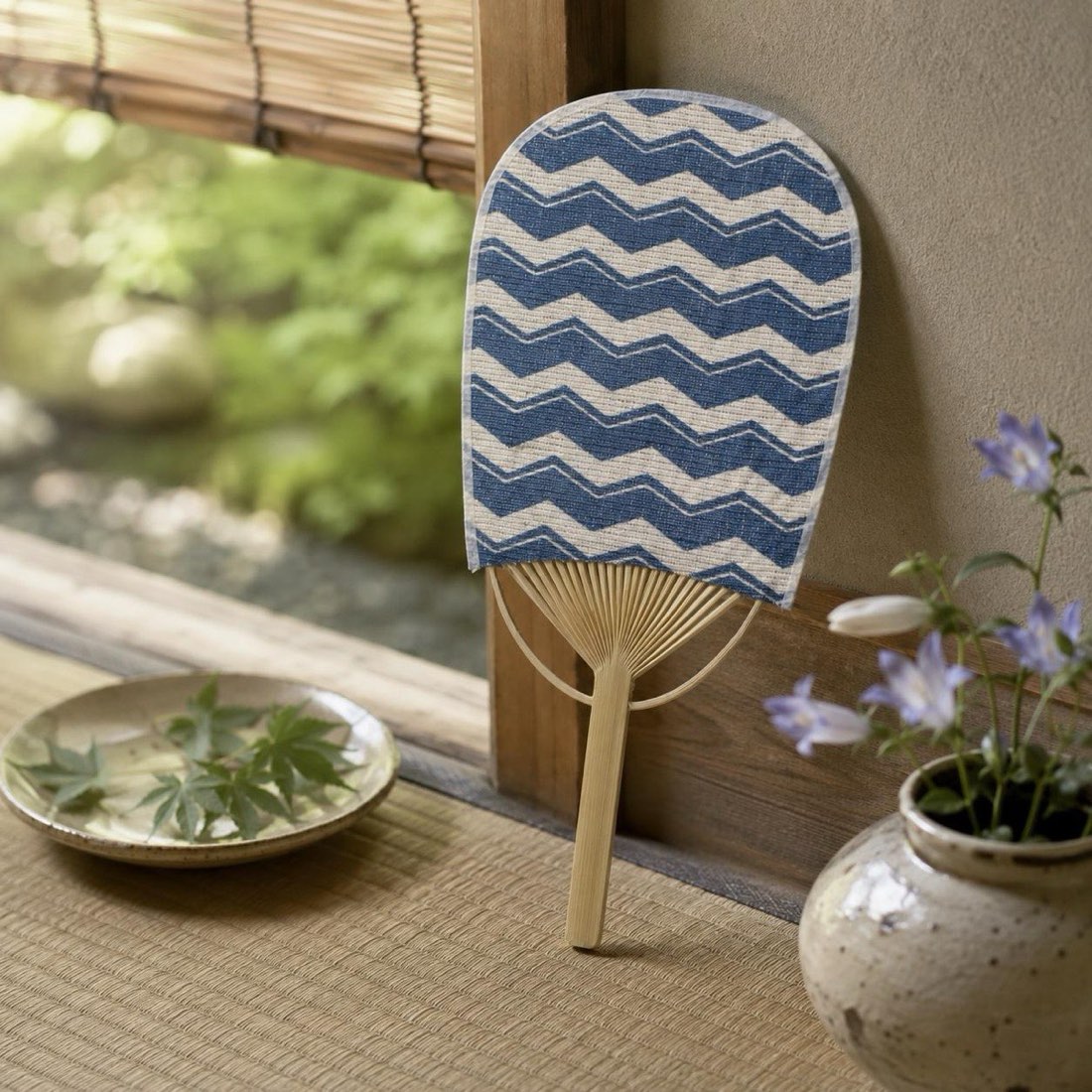 Mini Japanese Uchiwa Fan, Linen Komochi Yamagata Motif, Bamboo Frame, Made in Japan — view 10