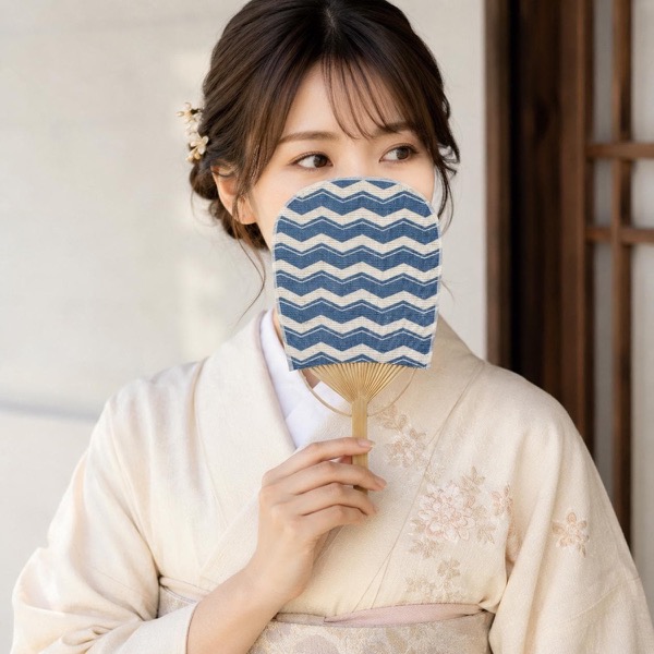 Mini Japanese Uchiwa Fan, Linen Komochi Yamagata Motif, Bamboo Frame, Made in Japan