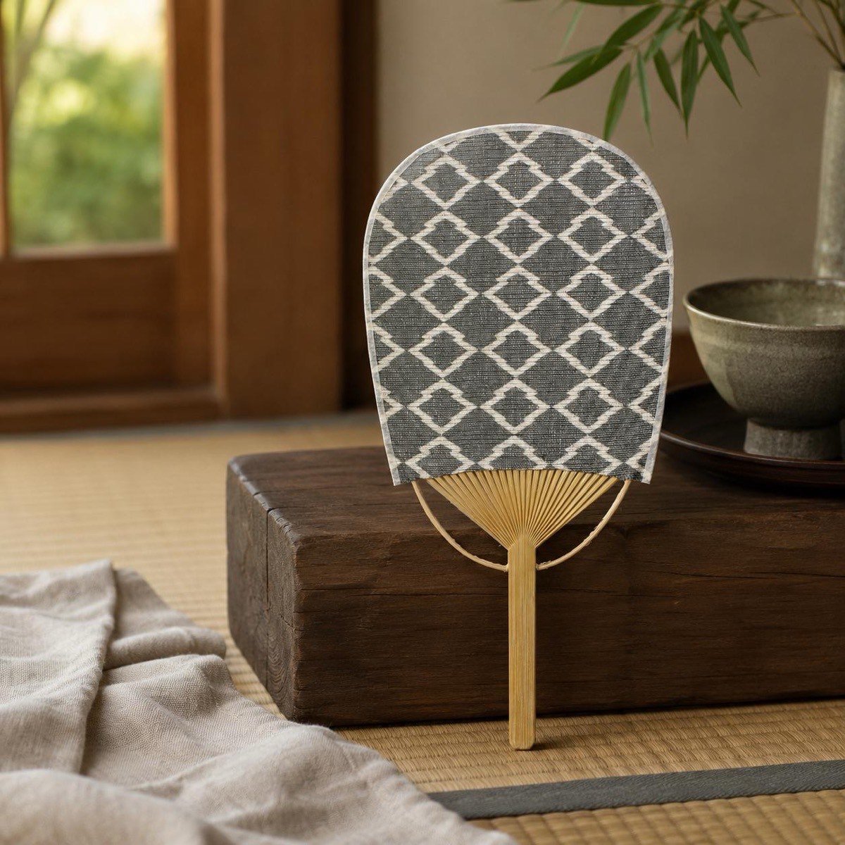 Mini Japanese Uchiwa Fan, Linen Matsukawabishi Diamond Motif, Bamboo Frame, Made in Japan — view 10