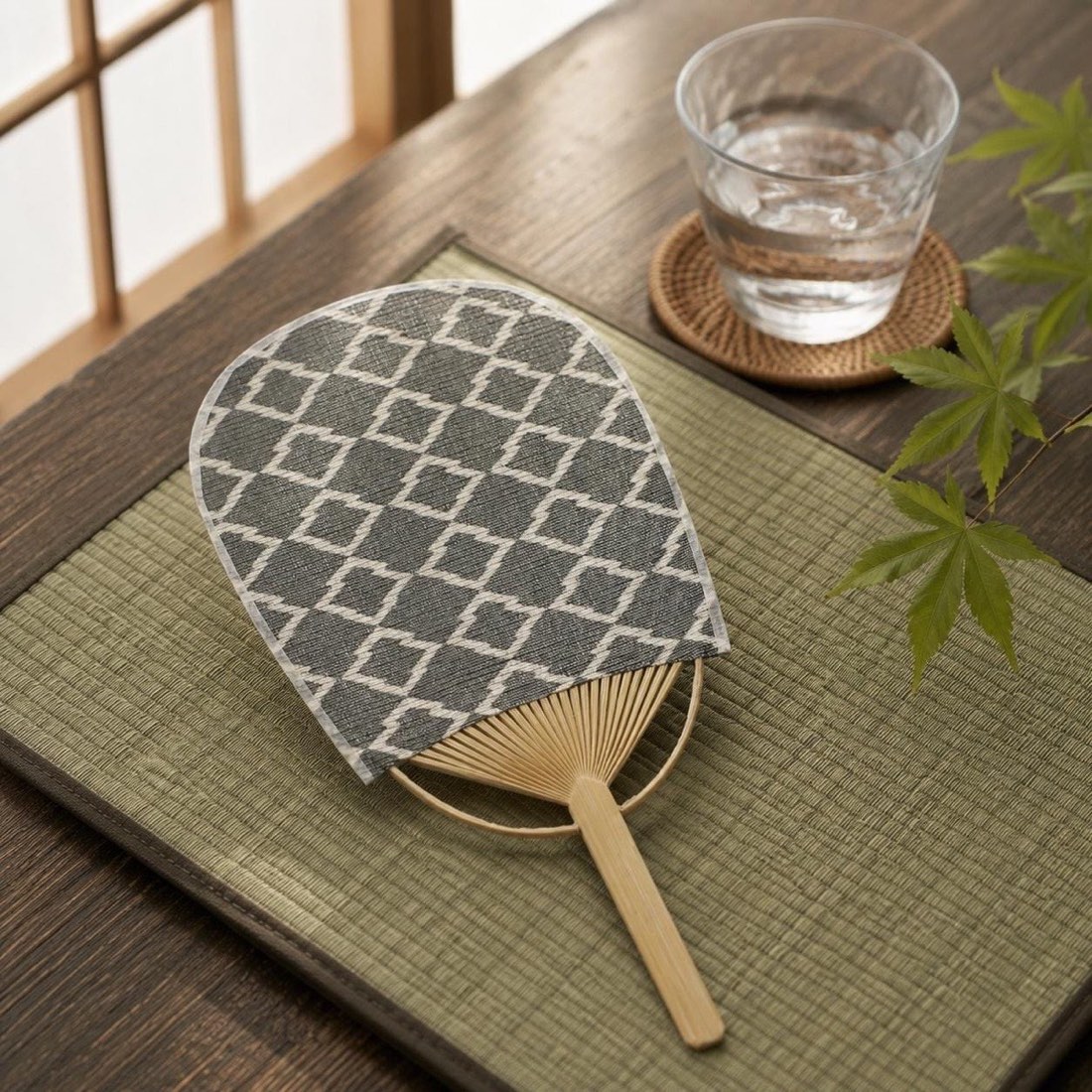 Mini Japanese Uchiwa Fan, Linen Matsukawabishi Diamond Motif, Bamboo Frame, Made in Japan — view 9