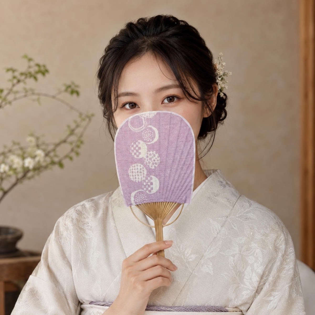 Mini Japanese Uchiwa Fan, Linen Otedama Motif, Bamboo Frame, Made in Japan