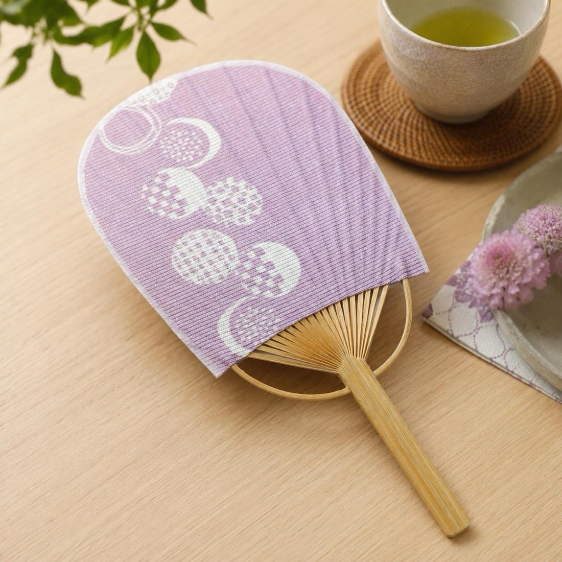 Mini Japanese Uchiwa Fan, Linen Otedama Motif, Bamboo Frame, Made in Japan — view 10