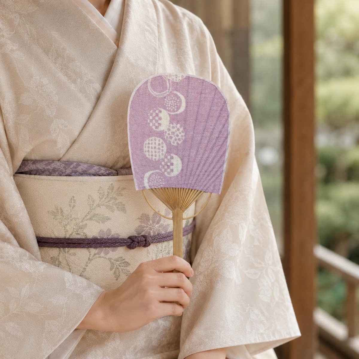 Mini Japanese Uchiwa Fan, Linen Otedama Motif, Bamboo Frame, Made in Japan — view 2