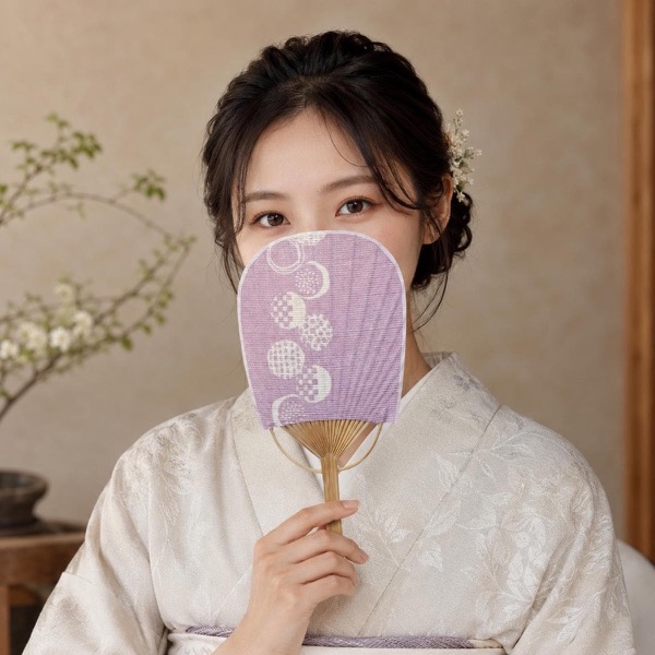Mini Japanese Uchiwa Fan, Linen Otedama Motif, Bamboo Frame, Made in Japan