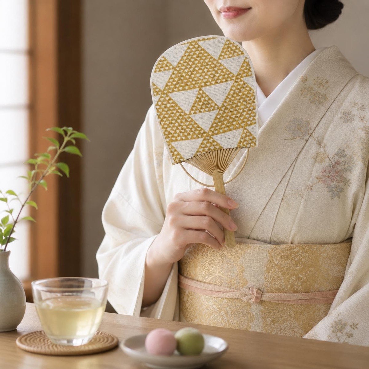Mini Japanese Uchiwa Fan, Linen Uroko Scale Motif, Bamboo Frame, Made in Japan — view 2