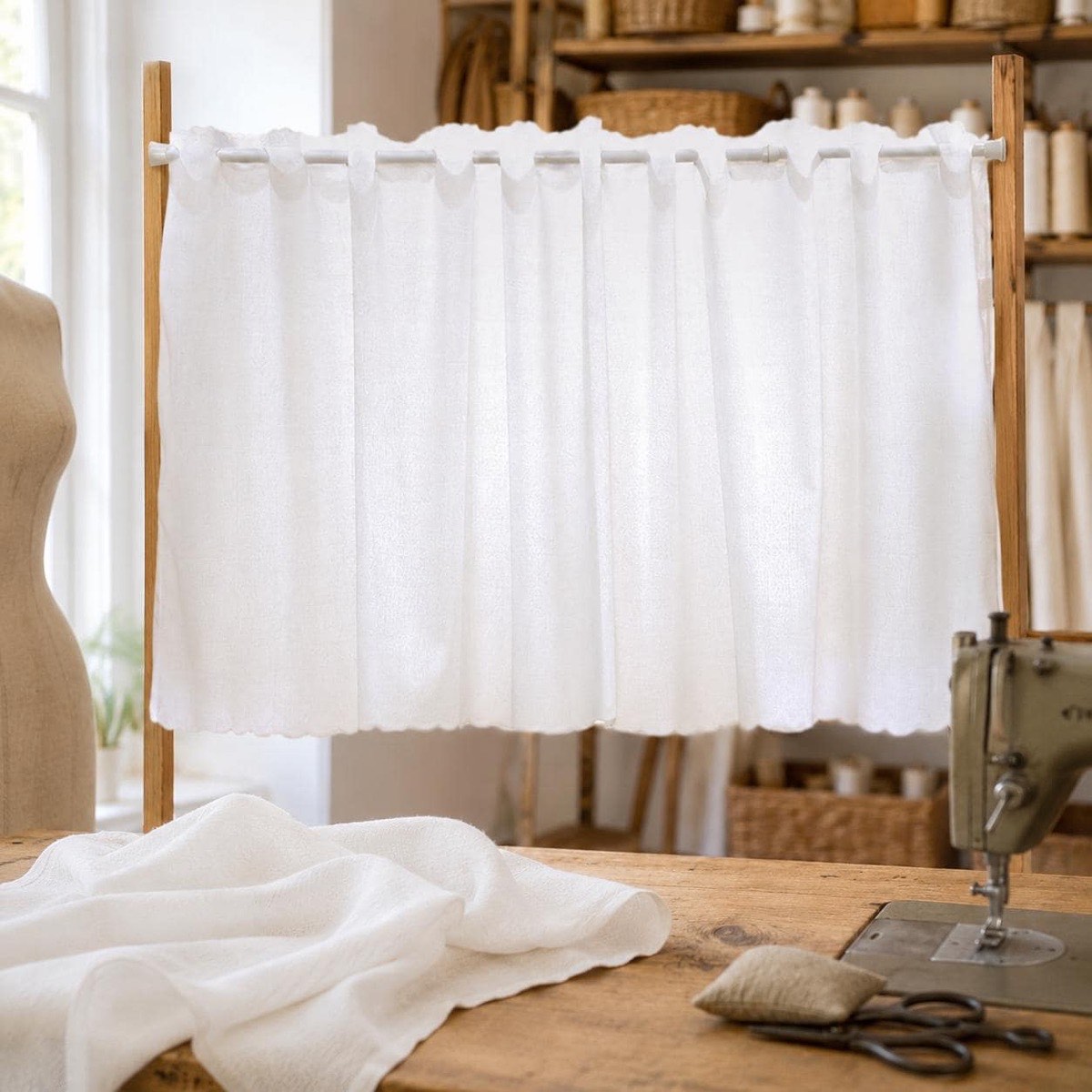 Refined Japanese Cafe Curtain, Tsumugi Look, Beige, Natural, Sheer Valance 59.1x17.7 in, Natural Kitchen — view 10